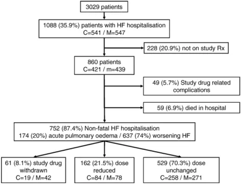 Fig. 1. Flow chart showing number of patients, follow-up and changes in study drug dosages for patients hospitalised for heart failure in COMET