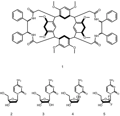 Figure 1- Chiral bis(diamido)-bridged basket resorcin[4]arene 1 and nucleoside guests 2-5