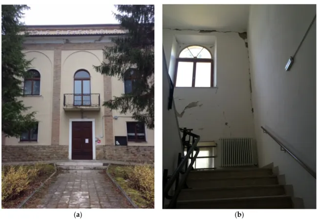 Figure 2. Gualdo, the school building after the earthquakes in 2016: (a) The entrance with the main  facade; (b) Internal view with the stairway to the first floor (November/December 2016, photo IP)