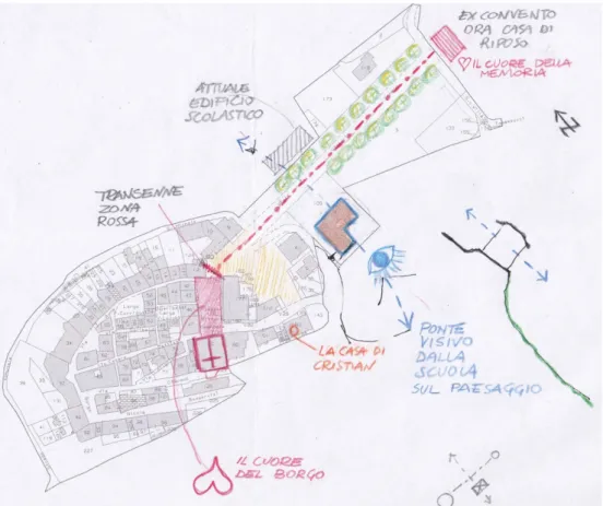 Figure 4. Gualdo, cadastral map. It was shown to draw the children’s attention to the location of the  school building (blue) in the urban location and in the landscape of the village (December 2016,  recast with notes and remarks during the briefing with 