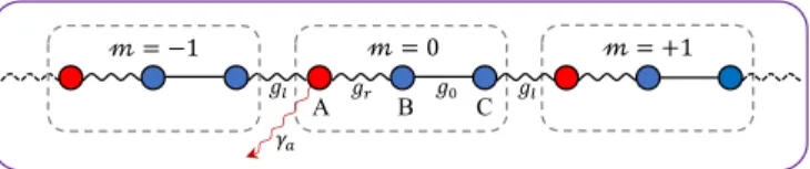 FIG. 1. Diagram of the non-Hermitian trimerized lattice under consideration. Each unit cell contains one lossy site A m with decay rate γ a as well as two neutral sites B m and C m , which are coupled via the intercell (g l ) and intracell (g r and g0) cou