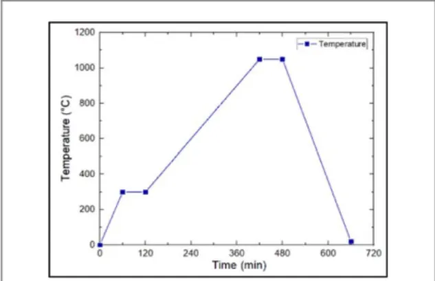 Figure 1. The (pre)-carbonization phase in the pyrolysis process: a ﬁrst pre-carbonization phase from room  temper-ature at 20 °C, with an increase of 4 °C min −1 for 1 h, followed by another hour at 300 °C