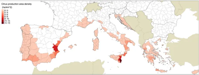 Figure 1 shows the citrus production areas in the EU listed in Appendix E based on Nomenclature of Territorial Units for Statistics 3 (NUTS3) regions colour coded according to the density of citrus production