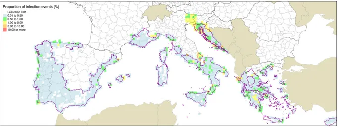 Figure 4: Overlap of EU citrus production regions with areas for which EFSA PLH (2014) predicted potential infections, differentiated into infection events (%), which go up to 5 –10% in a few regions in Greece, Italy and Spain