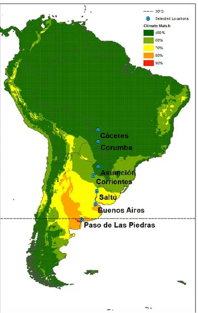 Figure 3:   Climate  in  South  America  compared  with  the  climate  of  the  Ebro  Delta,  Spain