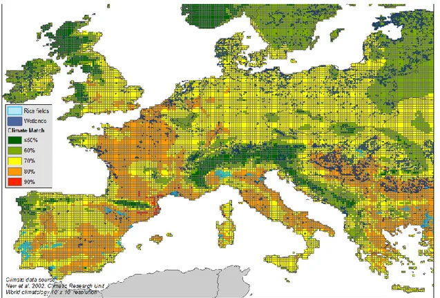 Figure 4:   Climate match of Paso de las Piedras, Argentina, with Europe, indicating areas of wetland 