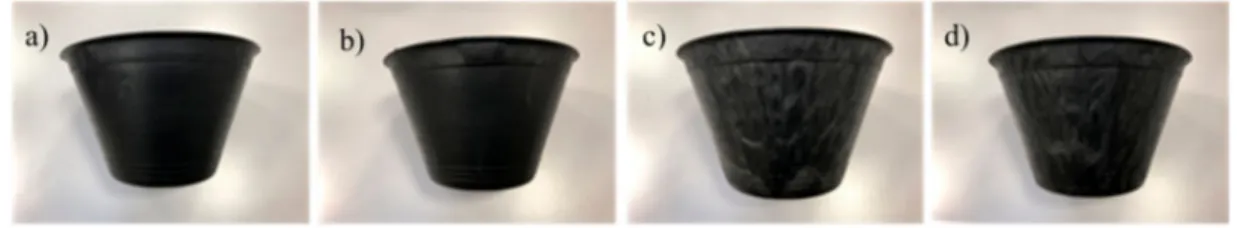 Figure 10. Sample products with different % of ash: (a) PP, (b) 10%, (c) 20%, (d) 30%.