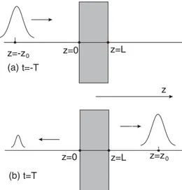 FIG. 1. Sketch of a typical optical experiment, showing the pulse incident from vacuum on the boundary with a medium: (a) before interaction (t = −T → −∞); (b) after interaction (t = T → ∞)