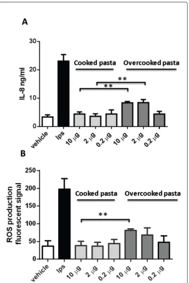 Figure 3: Effects of cooked and overcooked digested pasta extracts on  IL-8  release  and  ROS  production  in  CACO2  cells