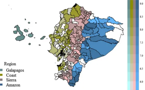 Fig. 1    Well-being across cantons in Ecuador in 2015. Source: Authors’ elaboration based on ENEMDU, 