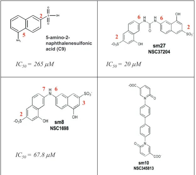 figure 4: chemical structures of sodium 5-amino-2-naphthelenesulfonate (c9, [69]) and of the active (sm8 and sm27) and  less active (sm10) leads identified [68]