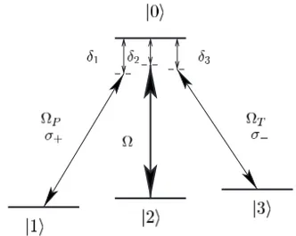 Fig. 1. Energy level scheme for a tripod. Detunings δ j = ω0 − ω j − ω j (L) denote the laser
