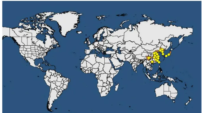 Figure 1: Global distribution map for Botryosphaeria kuwatsukai (as B. berengeriana f