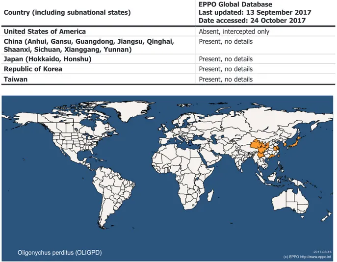 Figure 1: Global distribution map for Oligonychus perditus (extracted from the EPPO Global Database accessed on 24 October 2017)