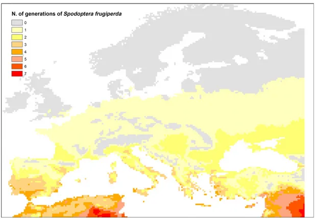 Figure 3: Preliminary estimate mapping the potential number of generations of S. frugiperda possible per year