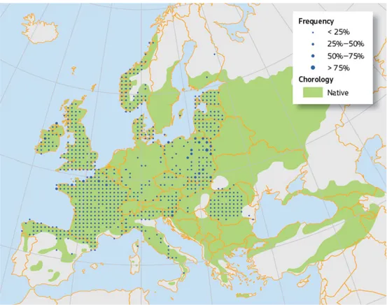 Figure 2: Plot distribution and simpli ﬁed chorology map for Corylus avellana. Frequency of C