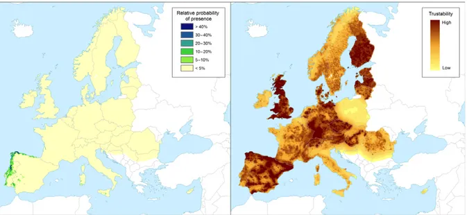 Figure 2: Distribution map of the genus Eucalyptus in the European Union territory from the European Atlas of Forest Tree Species (based on data from the species: E