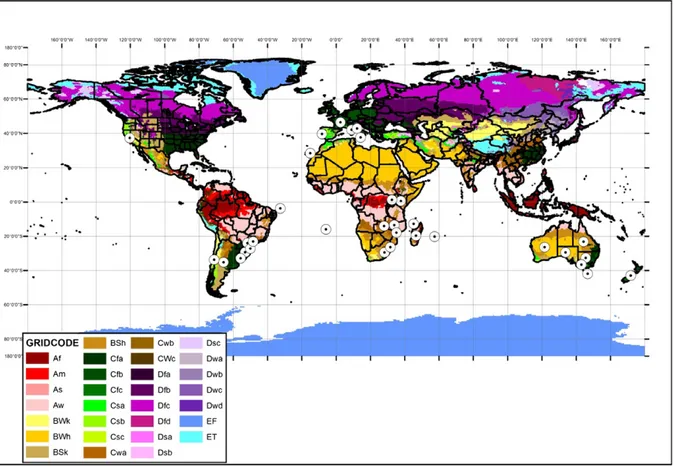 Figure 3: The current distribution of Gonipterus scutellatus presented by white dots on the K€oppen- K€oppen-Geiger climate classi ﬁcation map (Kottek et al., 2006) of Eurasia