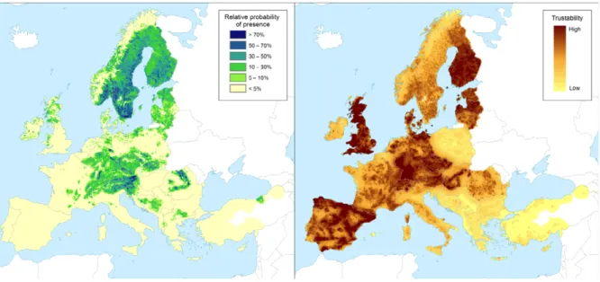 Figure 2: Relative probability of presence of the genus Picea in the European Union territory (based on data from the species: P
