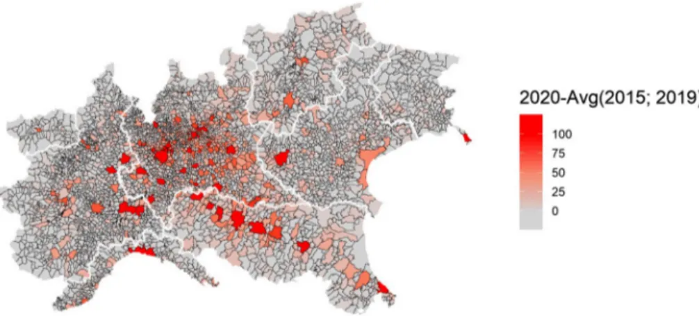 Fig. 2    Spatial distribution of cumulative excess deaths in sample municipalities, Northern Italy, January  1—April 30, 2020