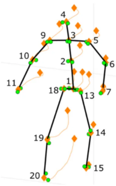 Figure 3. Output of the fused skeleton and the trajectories of the nodes in time. Green dots represent 