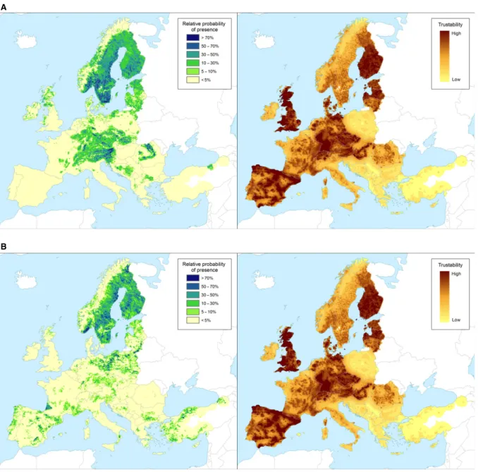 Figure 2: Left panel: Relative probability of presence (RPP) of the genera Picea and Pinus in Europe, mapped at 100 km 2 resolution