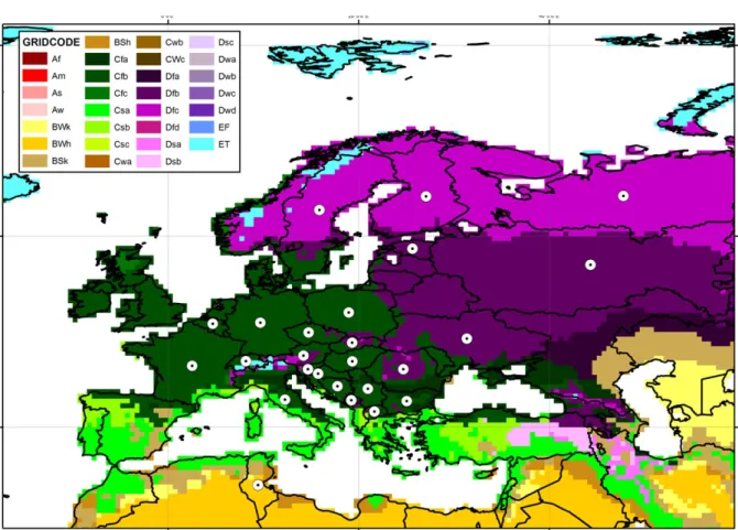 Figure 3: The current distribution of Ips amitinus presented by white dots on the K€oppen-Geiger climate classi ﬁcation map (Kottek et al., 2006) of Eurasia