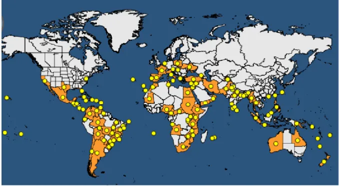 Figure 2: Global distribution of B. phoenicis sensu lato (extracted from EPPO Global Database, accessed 20 October, 2017)