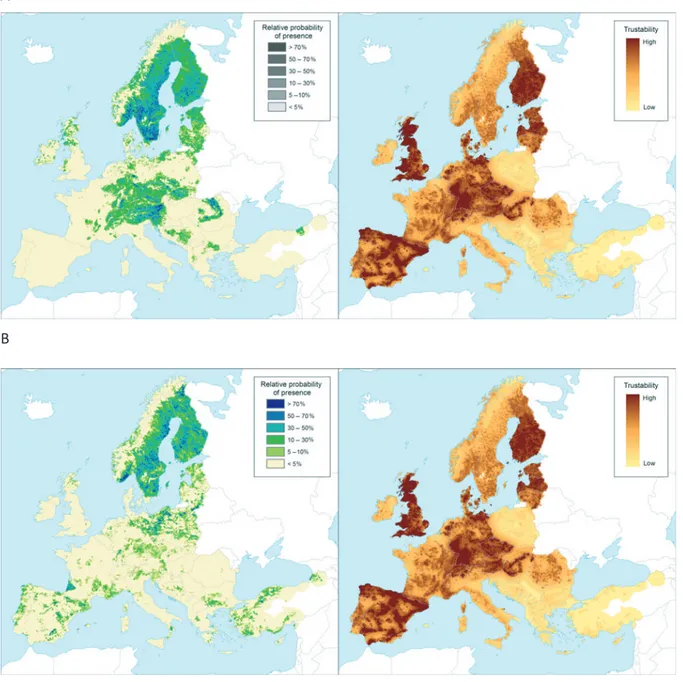 Figure 2: Left panel: Relative probability of presence (RPP) of the genus Picea and Pinus in Europe, mapped at 100 km 2 resolution