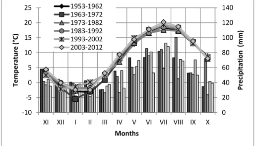 Figure 7. Average monthly precipitation (bars) and air temperature (lines) in selected decades