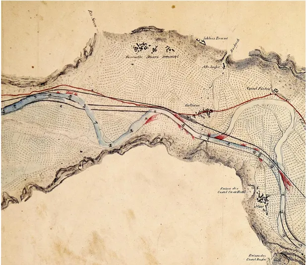 Figure 5: A sample of the sheet nr. XII of the CTB-Consorzio Trentino di Bonifica edition of the small scale Claricini map  with the railway and the sketch of the Besenello, Calliano and Nomi river regulation projects (see also Ranzi &amp; Werth, 2016)