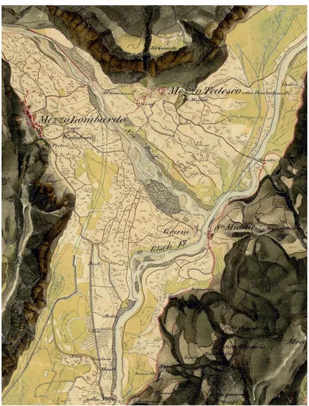Figure 1: A detail, close to the Noce-Adige rivers junction, north to Trento, of the map of the “Second Military Survey”, also  named Franziszeische Landesaufnahme, sketched between 1816 and 1823 for the Adige river area in 1:28.800 scale