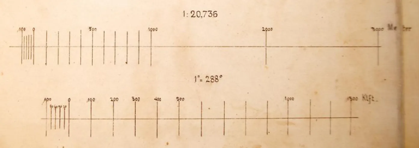 Figure 3: The original 1”=288° (1 Zoll=288 Klafter) scale (bottom) of the small-scale “Claricini-CTB” map-sheets  corresponding to the 1:20.736 metric scale (top) added to the version conserved at Consorzio Trentino di Bonifica