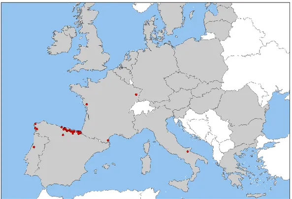 Figure 1:   Reports  of occurrence  of G. circinata in the  European Union (nurseries, plantations or 