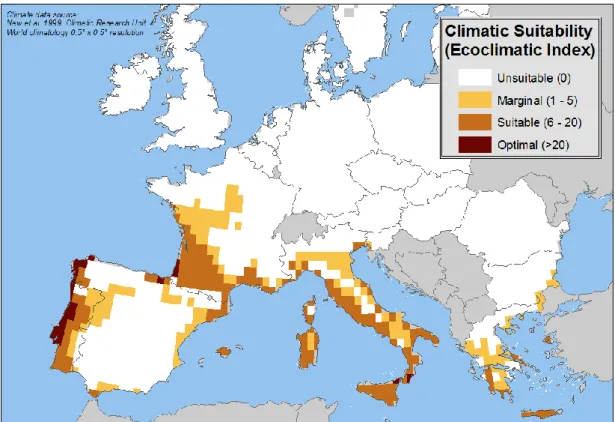 Figure 10:  Map  for  Ecoclimatic  Index  reproduced  after  Ganley  et  al.  (2009)  for  Europe;  climatic 