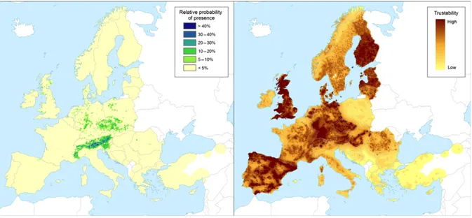 Figure 2: Left-hand panel: Relative probability of presence (RPP) of the genus Larix (based on data from the species: L