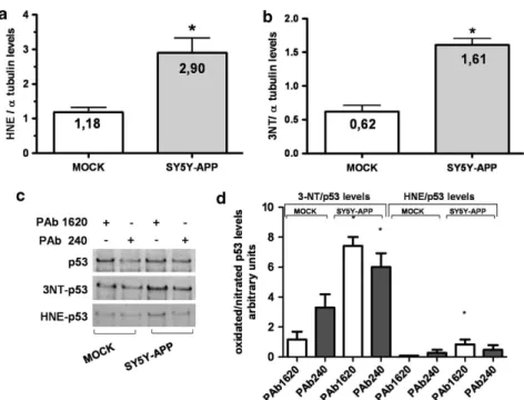 Figure 2 Elevated oxidative markers in SY5Y-APP cells. (a and b) Mock cells and SY5Y-APP clone were processed for measurement of oxidative markers by Dot blot analysis using specific antibodies against protein-bound-HNE and 3NT