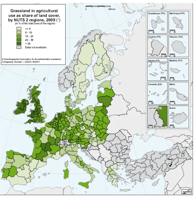 Figure 2: Grassland in agricultural use as share of land over by NUTS 2 regions (2009)