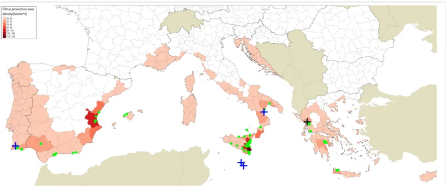 Figure 1: Locations sampled by Guarnaccia et al. (2017): blue crosses indicate sites where P