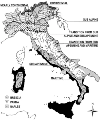 Fig. 1. Italian precipitation regimes and raingauge locations (re-