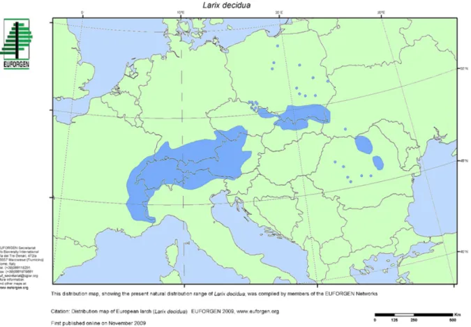 Figure 3: Native range of Larix decidua (map prepared by Euforgen in 2009). Blue dots represent isolated occurrences of the species