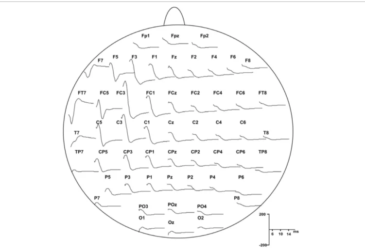 FIGURE 2 | Grand average of the TEPs responses recorded from all subjects showing scalp distribution of P5 and N8 components, starting from 5 ms after the pulse delivery.