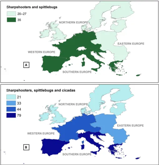 Figure 6: Species richness of spittlebugs, sharpshooters and cicadas in different regions 5 of Europe according to Fauna Europea (de Jong et al., 2014) (accessed 30.1.2018)