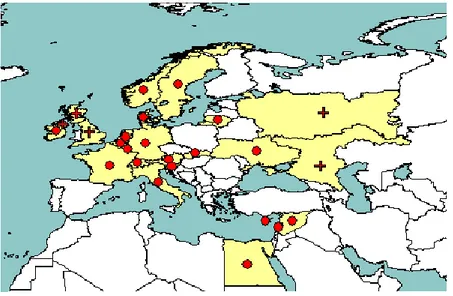Figure 3:   Distribution of P. fragariae in Europe and neighbouring countries extracted from EPPO  PQR (version 5.0, 2013)