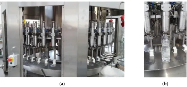 Figure 1. (a) Detail of the main carousel of a weight filler. (b) Details of a station: fluid dispenser and  bottle holder plate