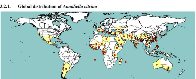 Figure 1:   Global  distribution  of  Aonidiella  citrina  (extracted  from  EPPO  PQR,  version  5.3.1,  accessed  14  October  2014)