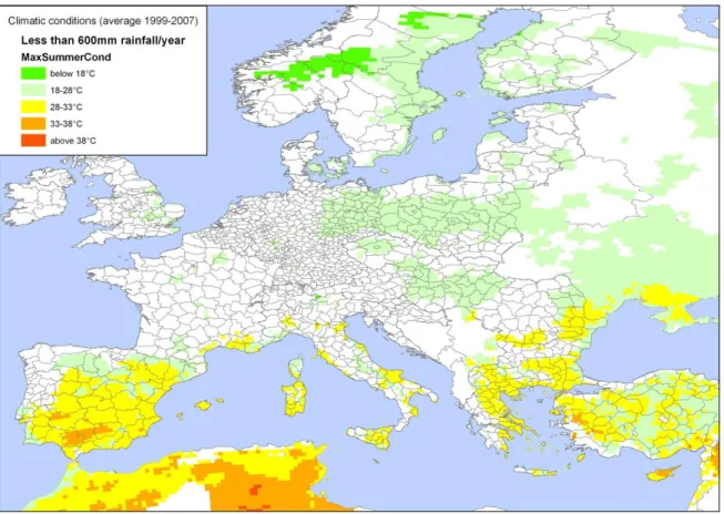 Figure 2:   Map of Europe showing areas where the annual average rainfall (average for years 1999–