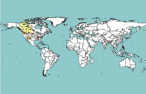 Figure 2:   Global  distribution  map  of  A.  piniphila.  Red  crosses  represent  national  and  sub-national 