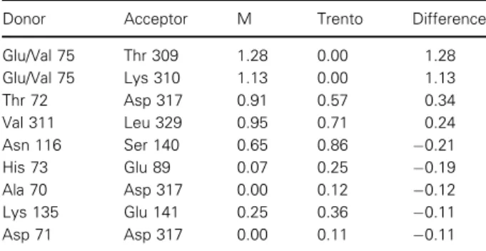Table 1. Summary of key hydrogen bonds during MD simulations. The average number of hydrogen bonds between selected pairs of residues was calculated over the course of the MD simulations of wild-type M and of Trento AAT variants
