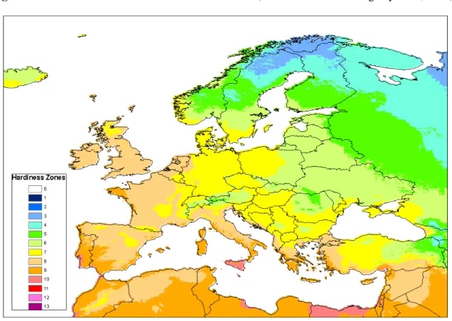Figure B6:   World hardiness zones for Europe (based on data from Magarey et al., 2008) 
